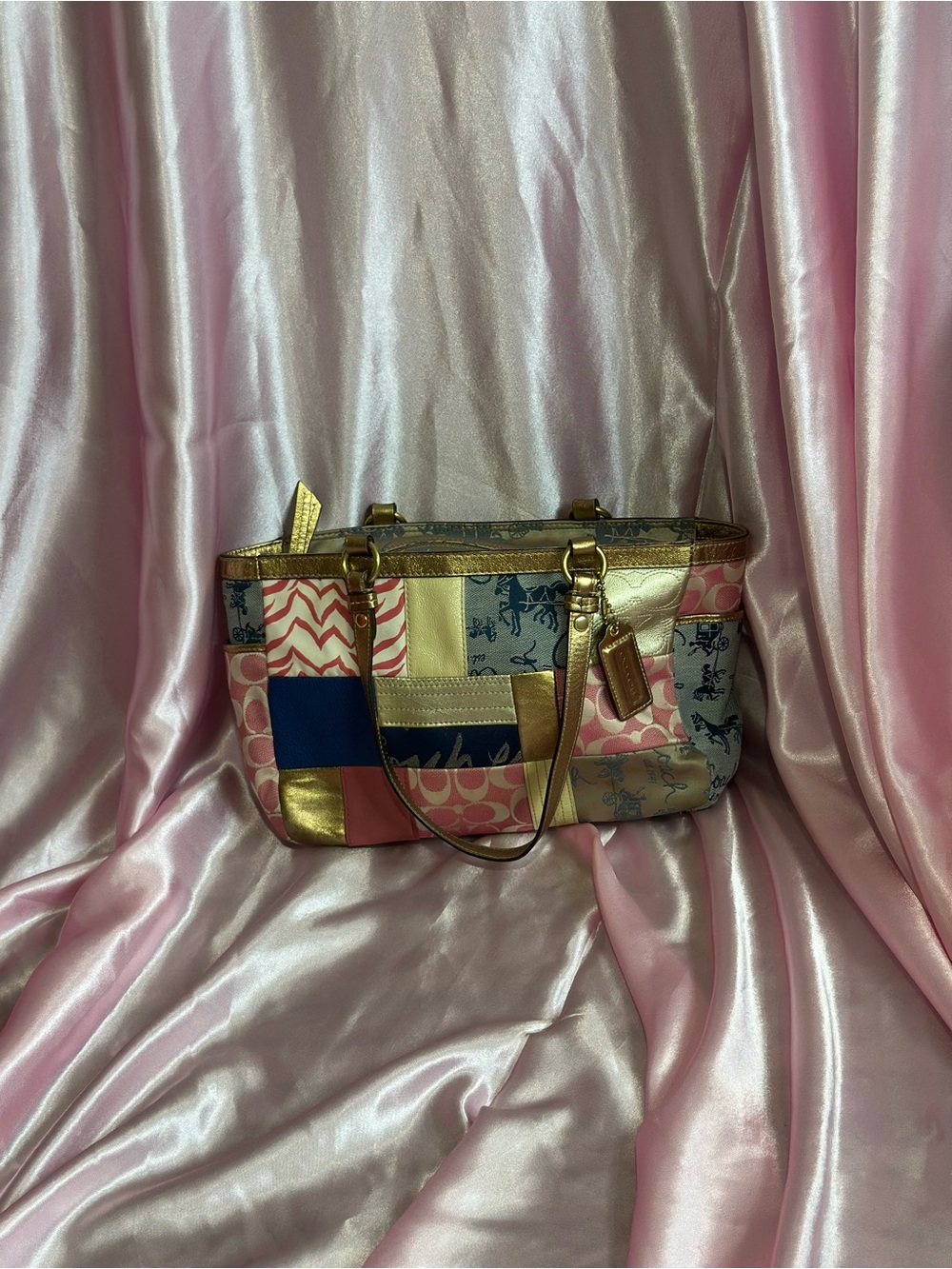 Coach Patchwork Signature Tote with Pink, Blue & Gold Accents